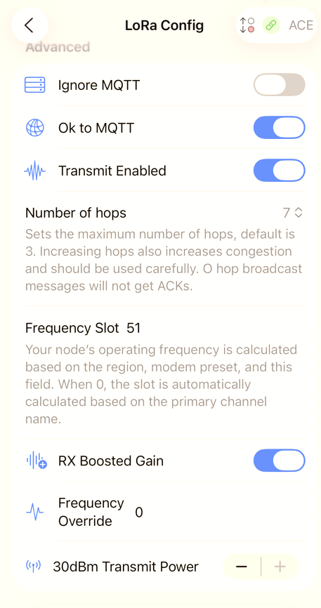 iOS: Set Node Lora Settings - Hop / Slot